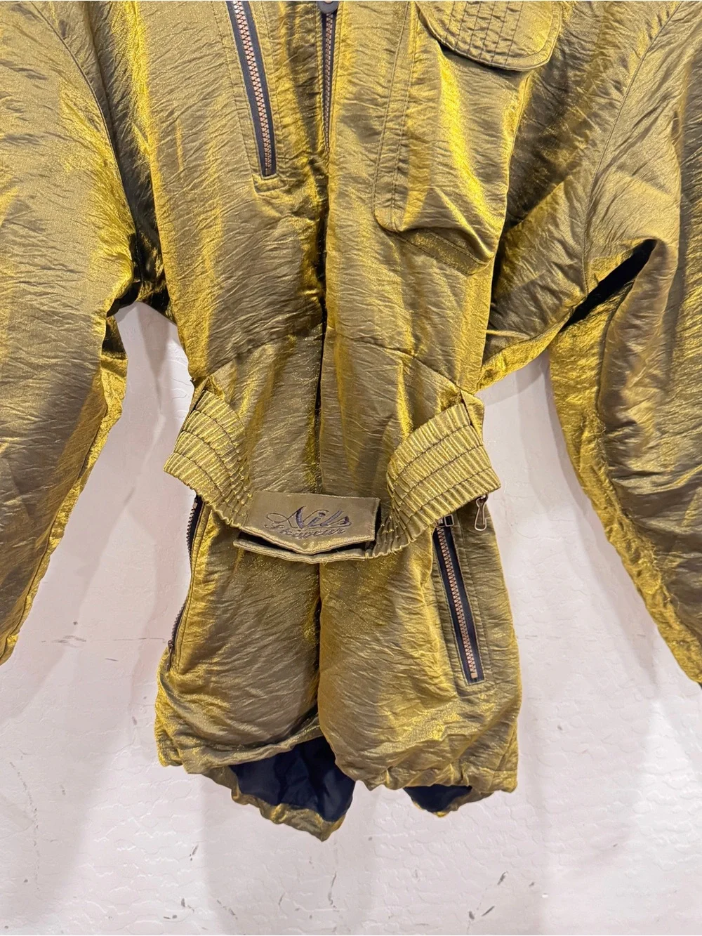 Vtg NILS Ski Jacket Metallic Gold Iridescent Peplum Smocked Waist 80s 90s Sz 12